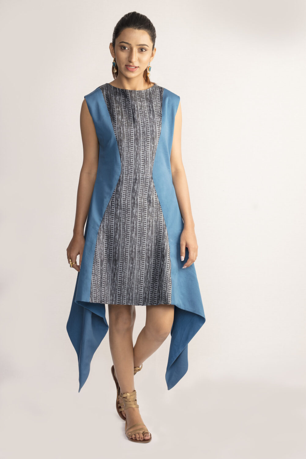 Blue Asymmetrical Tussar Silk Dress By TAMASQ