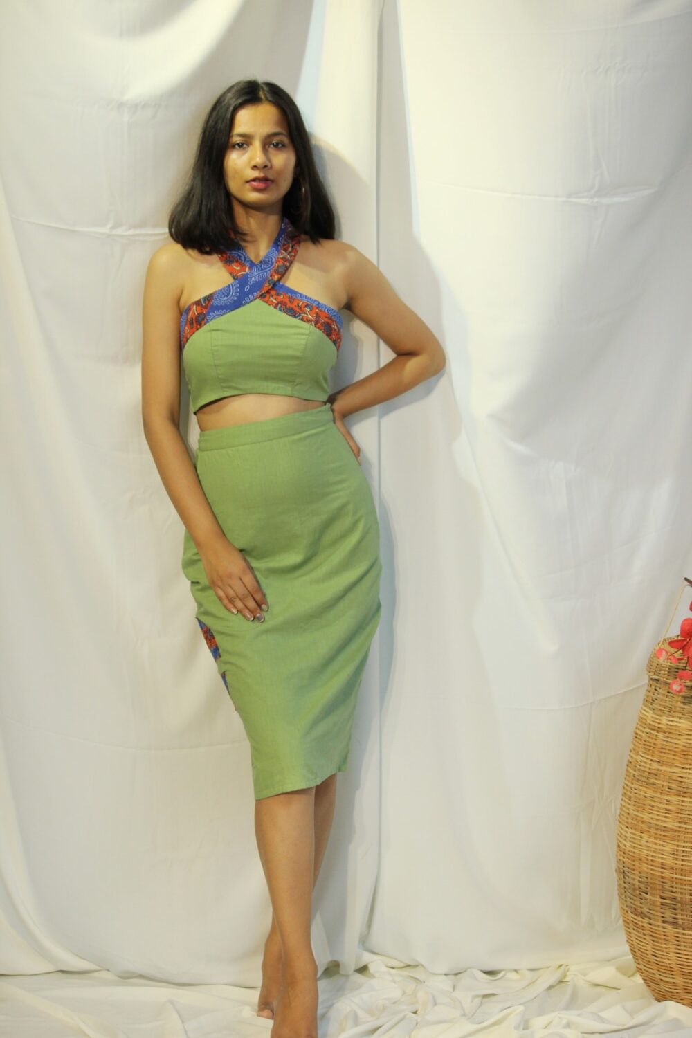 Teal Cotton Halter Neck Top And Pencil Skirt By TAMASQ