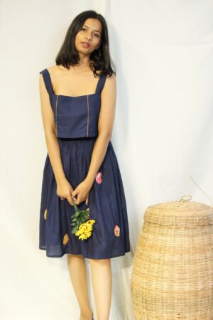 Navy Blue Top And Skirt Cotton Set By TAMASQ